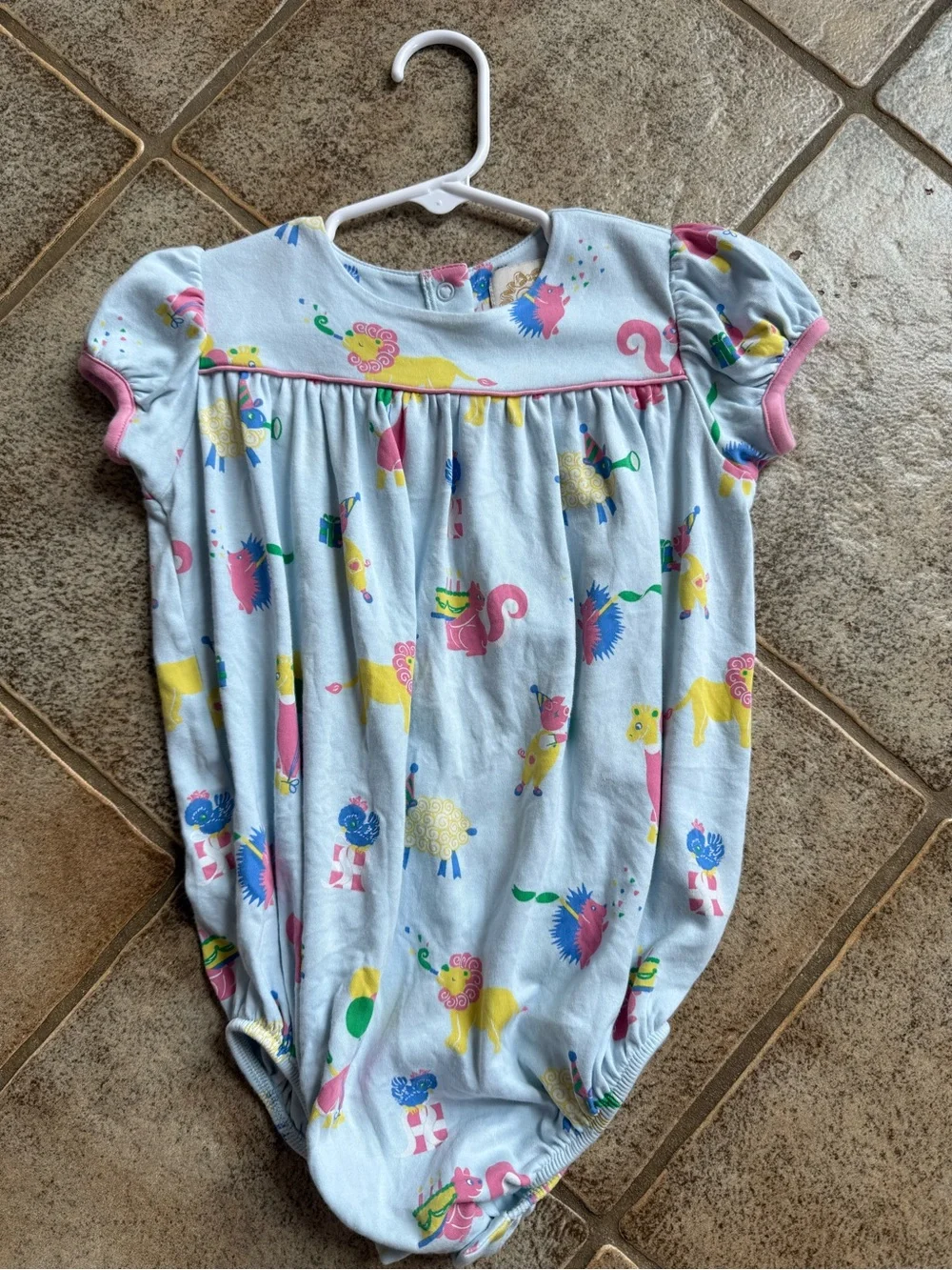 The Beaufort Bonnet Company Light Blue Animal Print One-Piece with Pink Trim